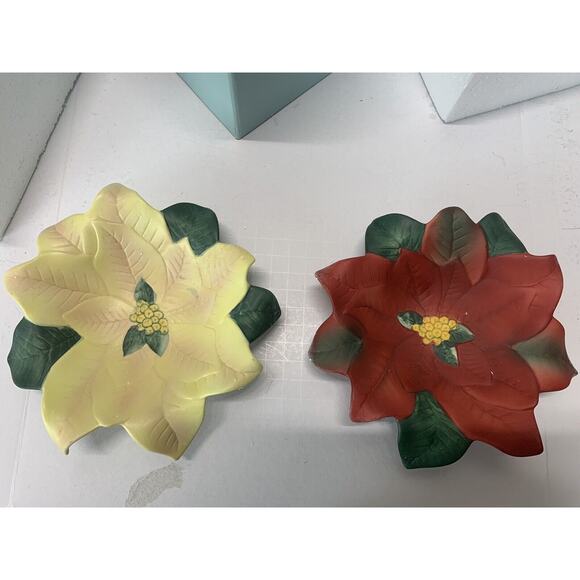 Partylite Poinsettia Plate Candle Holder Bowl PAIR Red White Stickers Flowers - Picture 1 of 4